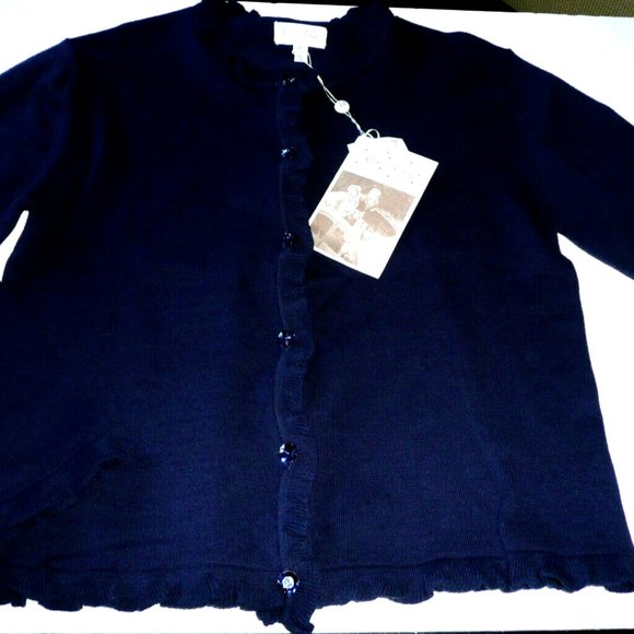 Rachel Riley Girl SZ 12 Ruffled Edge Cardigan Navy Blue Sweater Sparkle Buttons - Picture 1 of 9